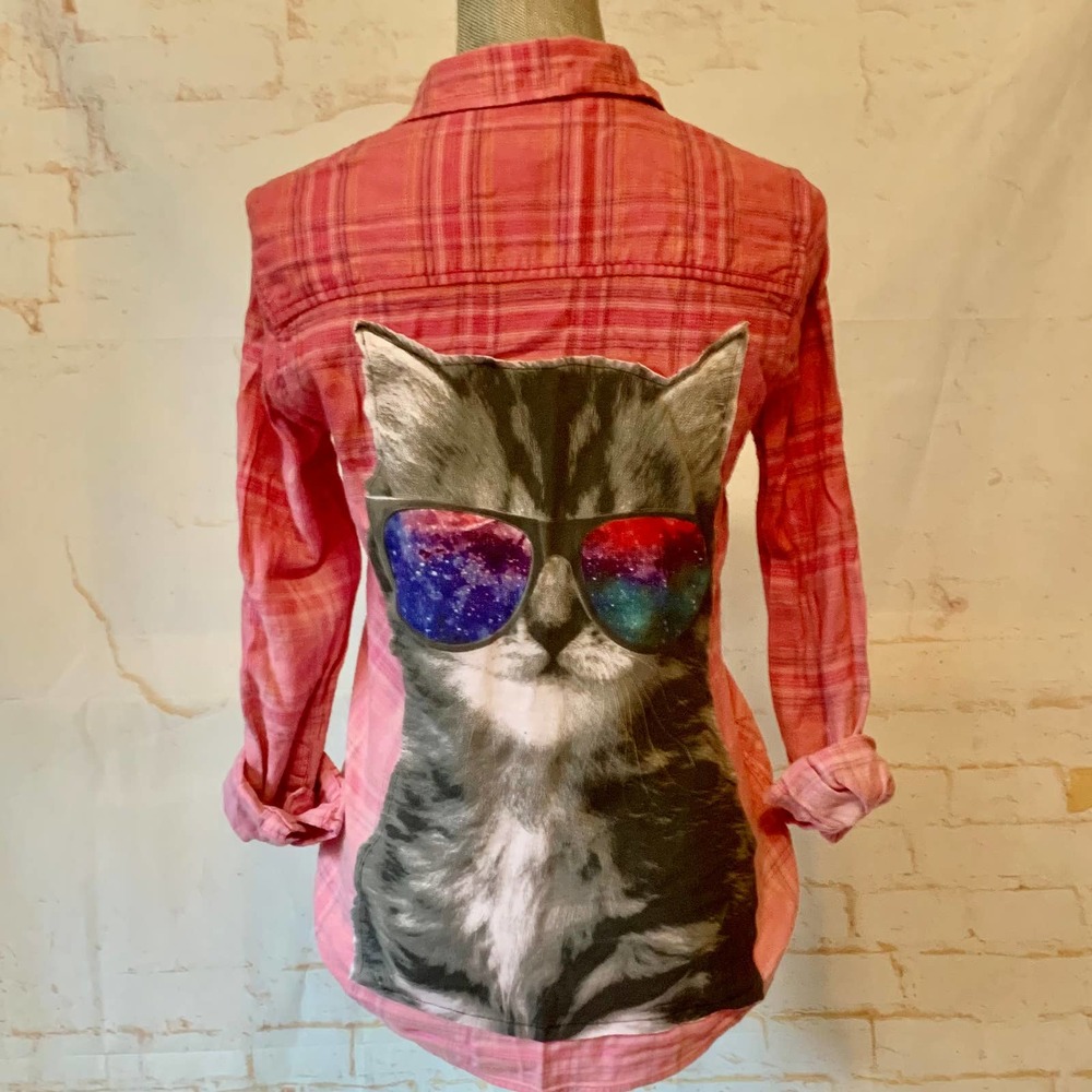Upcycled Gap Flannel With Cat Graphic